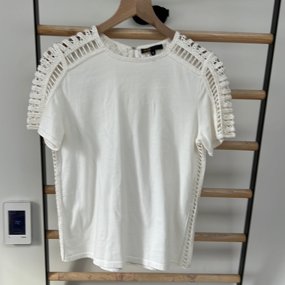 EUC Maje top. T shirt material with crochet type sleeves.  Hook closure.  Size 2